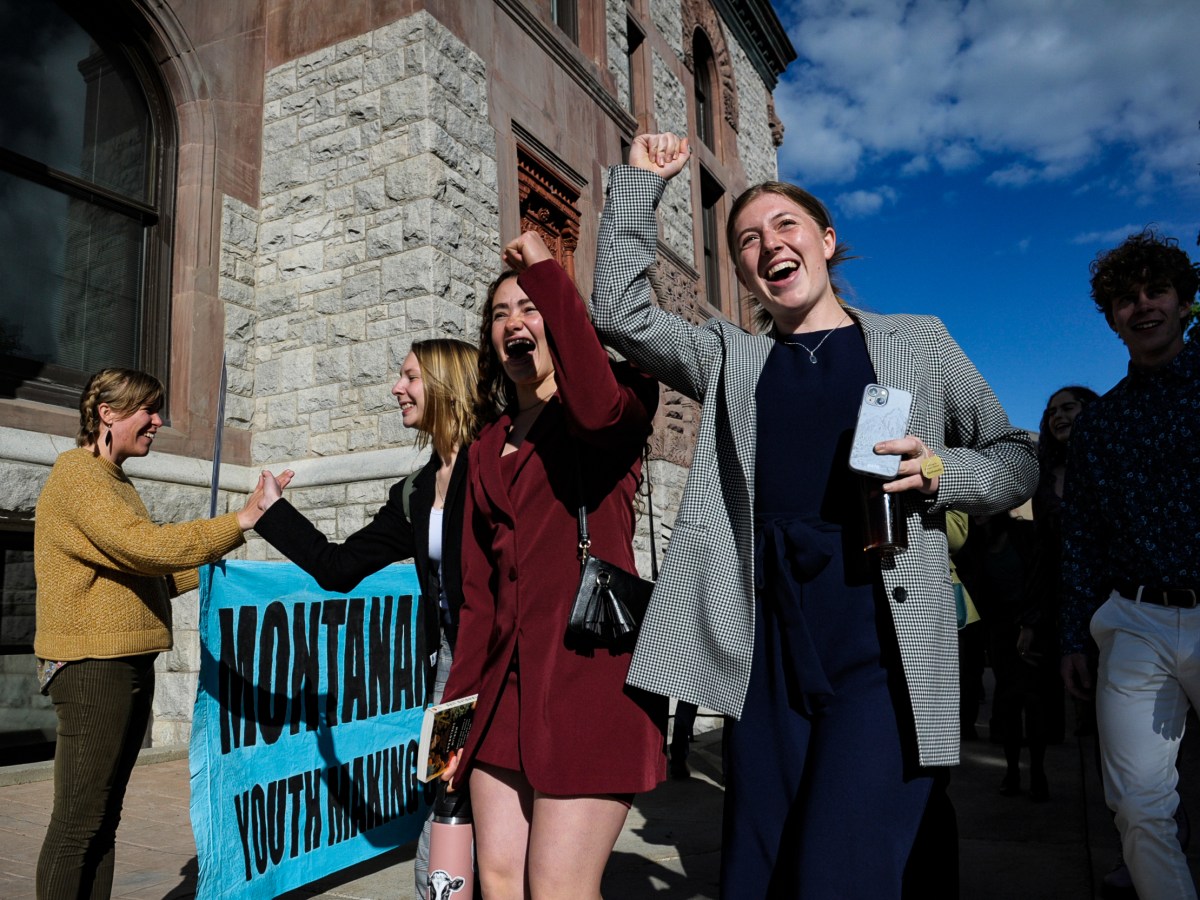 Youth plaintiffs in the climate change lawsuit, Held vs. Montana, arrive at the Lewis and Clark County Courthouse in June for the final day of the trial.