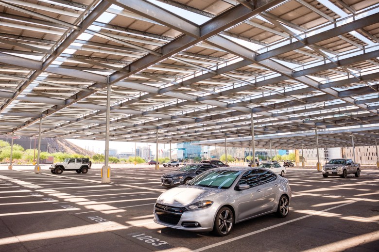 A solar panel covered parking lot on the Arizona State University campus in Tempe, Arizona.