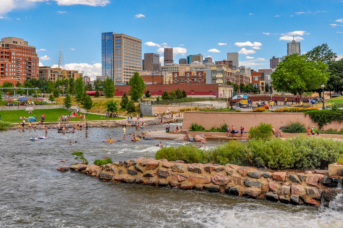 The South Platte River runs through Denver, Colorado. Once surrounded by warehouses, this section of the rivers hosts Confluence Park, which is known for recreation.