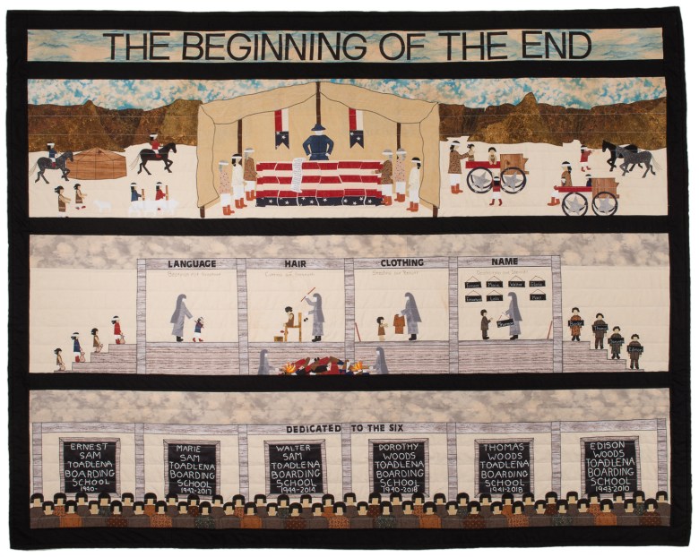 “The Beginning of the End” is a quilt by Diné quiltmaker, Susan Hudson, which speaks to the legacy of Indian boarding schools in the United States and Canada (where they are known as “residential schools”).