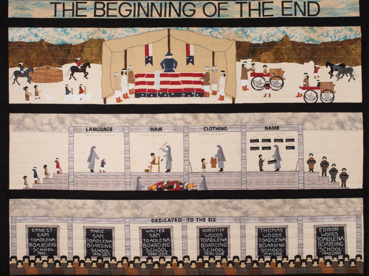 “The Beginning of the End” is a quilt by Diné quiltmaker, Susan Hudson, which speaks to the legacy of Indian boarding schools in the United States and Canada (where they are known as “residential schools”).