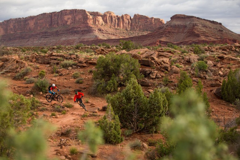 A mountain biking trail on Bureau of Land Management land near Moab, Utah, offers views of Arches National Park. In recent years, the BLM and local community members have built new trails to help ease the burden on nearby national parks.