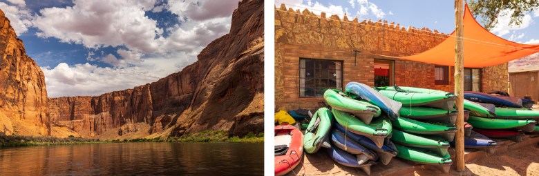 Mid-day thunderstorms slowly build above the Colorado River in Marble Canyon (left). Kayaks in front of Lee's Ferry Lodge, one of the few businesses operating along the border of the new national monument (right).