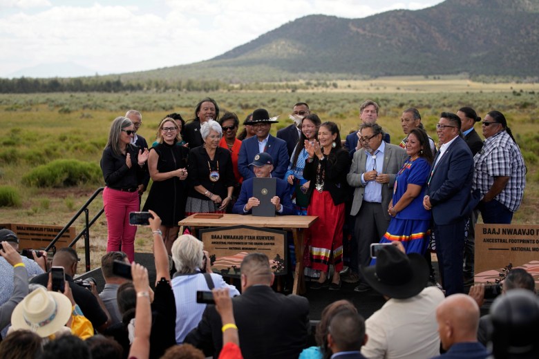 On Tuesday, President Joe Biden holds up a proclamation designating the Baaj Nwaavjo I'Tah Kukveni National Monument in front of the sagebrush and piñon forest of Red Butte, a sacred mountain known as Wii’i Gdwiisa by the Havasupai and Tsé zhin Ii’ahi by the Diné. 