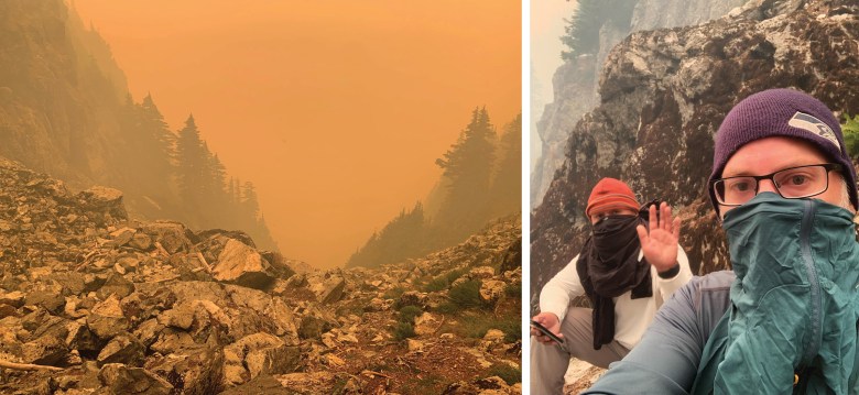 Left, smoke from the Bolt Creek Fire fills a rocky gully on Baring Mountain. Steve Cooper, left, and Matt Bishop text a selfie to Bishop’s wife while waiting to hear if search and rescue teams can reach them.  