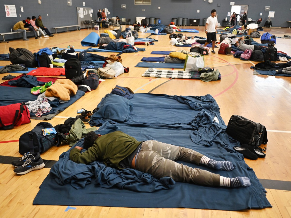 Migrants at a makeshift shelter in Denver, Colorado, this January. Last month, the city of Denver announced that it would stop providing emergency shelter to undocumented people.