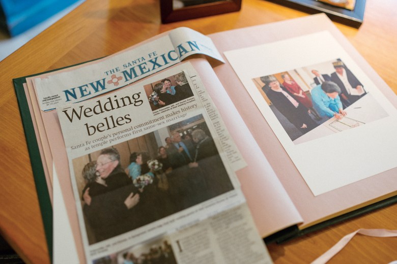 A photo of Claire Fulenwider and Harriet Forman on the front page of the Santa Fe New Mexican on April 5, 2004, one day after they were the first same-sex couple to be married in their Jewish synagogue.