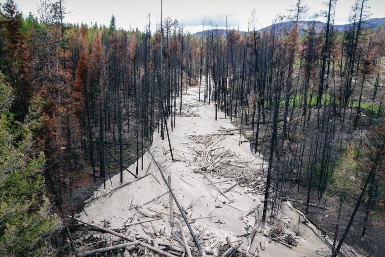 A post-wildfire debris flow in the burn scar of the Walker Creek Fire caused significant damage in central Washington in the summer of 2022. 