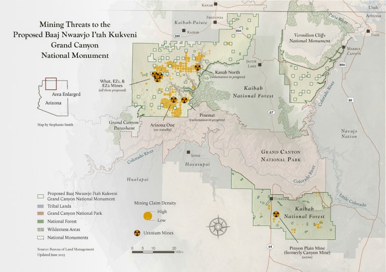 This map shows active mining claims and various uranium mines around the then-proposed Baaj Nwaavjo I'tah Kukveni Grand Canyon National Monument.