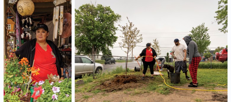 Yadira Sanchez takes a break in her front yard while helping neighbors select a tree  (left). Sanchez waters a sapling during a community tree-planting event in June (right).