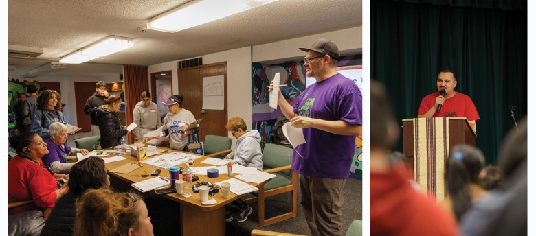 Robin Reichhardt (left) speaks to members of the GES Coalition as they prepare to go door-knocking for their campaign for community ownership of National Western Center land.  Community organizer Alfonso Espino speaks at a 2023 mayoral forum in GES (right).