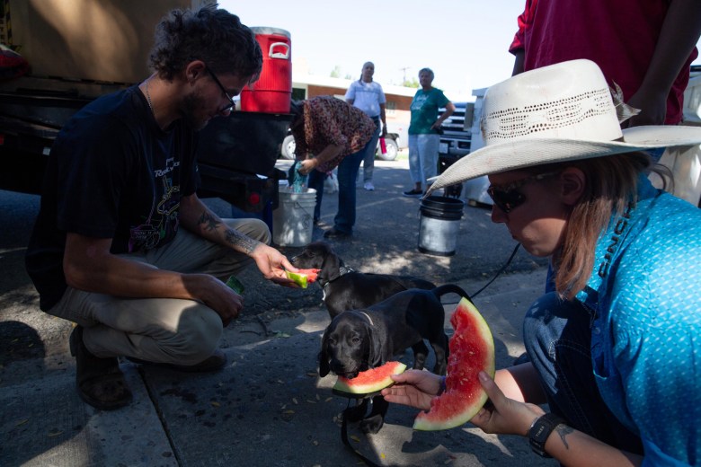 Attendees of Melon Days in Green River, Utah, enjoy melons handed out by the Vetere family at the town’s park.