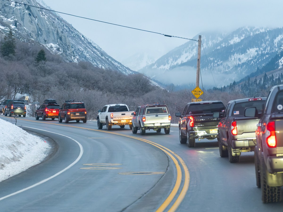 Traffic winds up Little Cottonwood Canyon on a Sunday in March. The notorious “red snake,” — locals’ not-so-affectionate name for the line of vehicle taillights —  extends for miles down Wasatch Boulevard towards Salt Lake City.