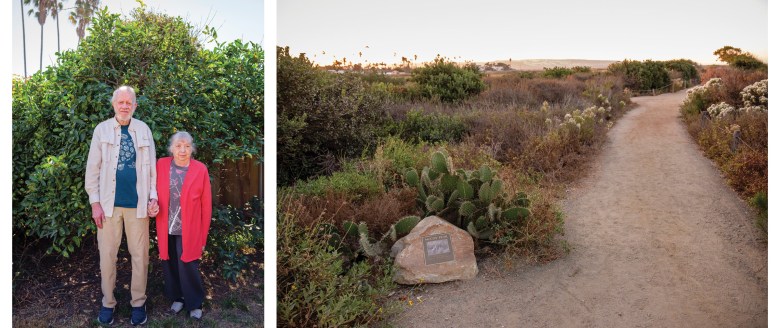 Mike and Patricia McCoy in the backyard of their Imperial Beach home in November (left). The plaque on the rock that marks the beginning of the McCoy Trail reads “Dedicated to Patricia and Mike McCoy and all who cherish wildlife and the Tijuana Estuary” (right).