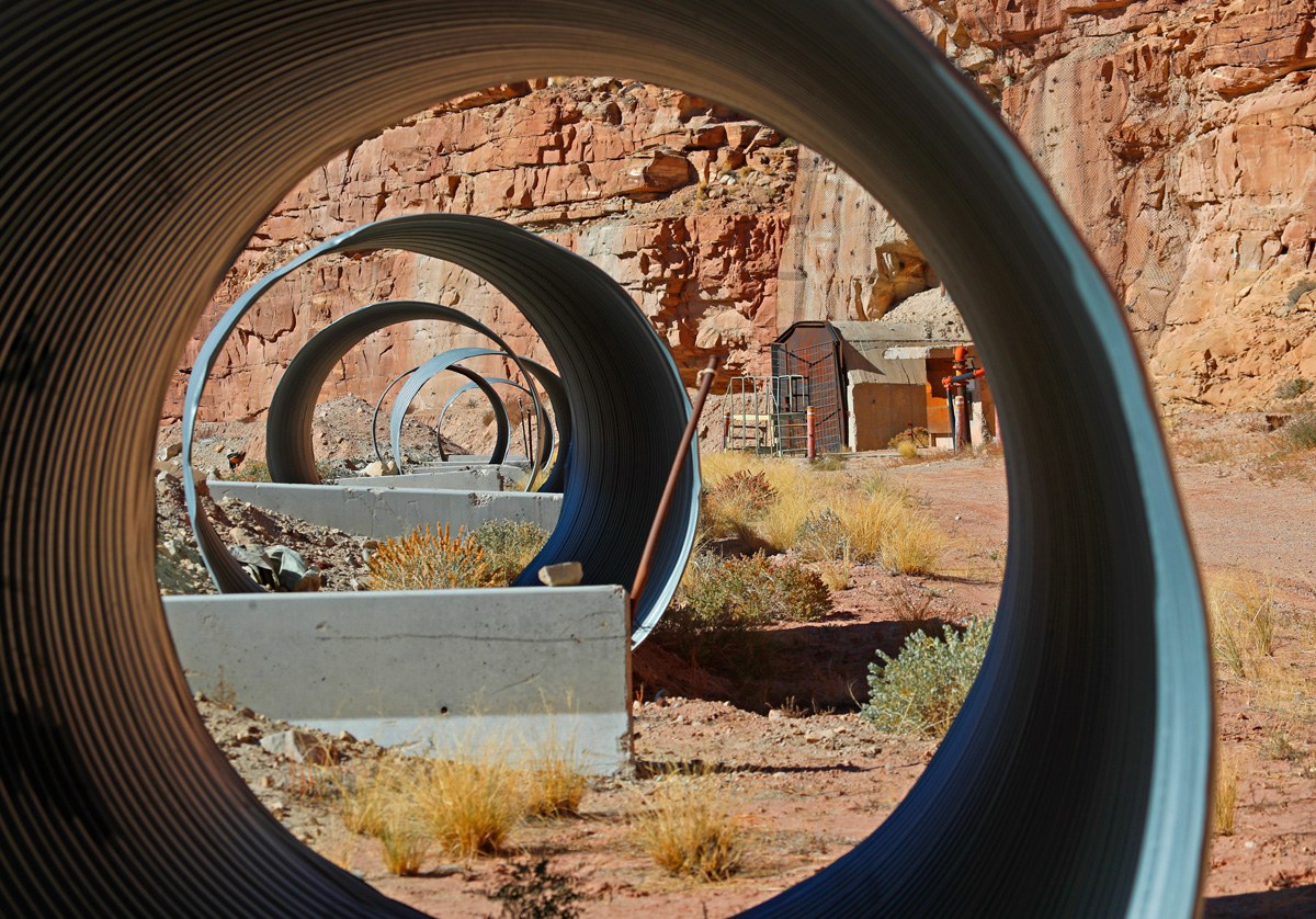 Large pipes frame the entrance of Tony M. Uranium Mine. Consolidated Uranium claims it is beginning the process of reopening the long-idle mine.