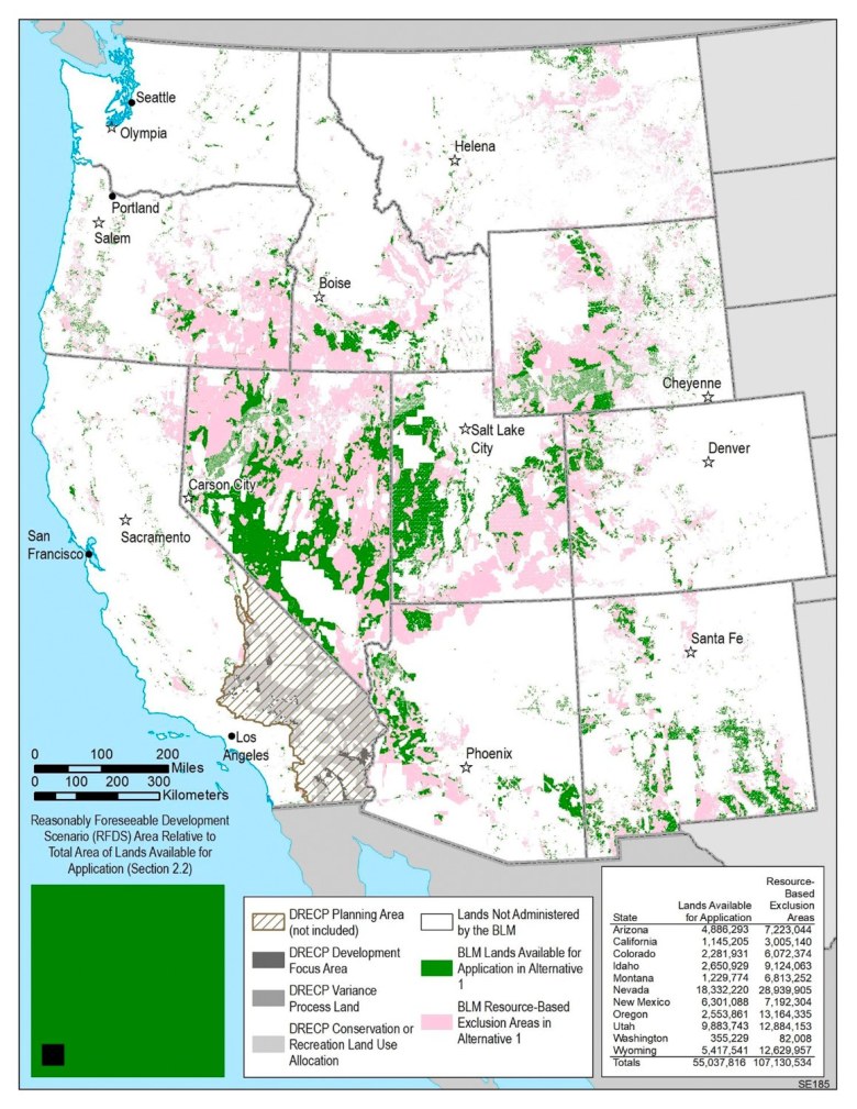 To encourage solar development in places with few conflicts, the Bureau of Land Management identified key areas of Western public lands with strong potential for solar development (green), as well as areas where national monuments, endangered species habitat or other cultural or ecological values would make development more difficult (pink).