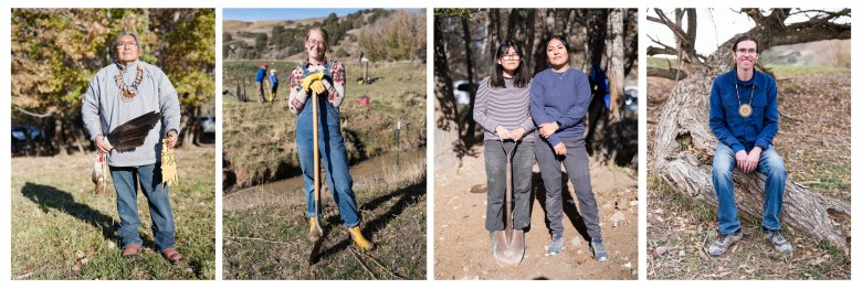 Rios Pacheco, knowledge keeper at Northwestern Band of the Shoshone Nation (far left). Chole Danos, Professional Recruiter at Utah State University and tree planting volunteer (left).  Zoe John and Nizhonii Begay, both Diné and USU students and tree planting volunteers (right).  Jason Brough, Northwestern Band of the Shoshone Nation - PhD Student (far right).
