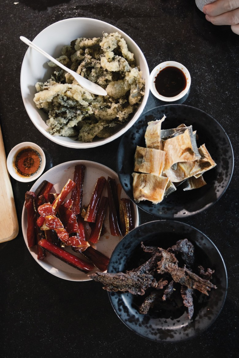 Traditional foods, including herring eggs on kelp, dried pike, smoked salmon, seal oil and dried moose meat, prepared for Dillingham, Alaska, community members and supporters of the Smokehouse Collective, an Alaska Native mutual aid network.