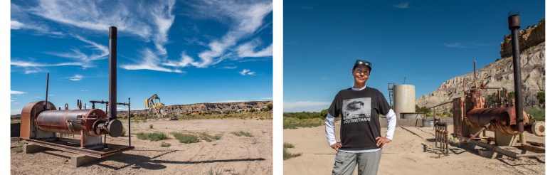  Kendra Pinto (Diné) a local resident who lives near fracking installations in the Lybrook area east of the Navajo Nation in New Mexico, stands in front of a decommissioned well that has not had tanks and pipes removed and still poses a hazard to the community (right).