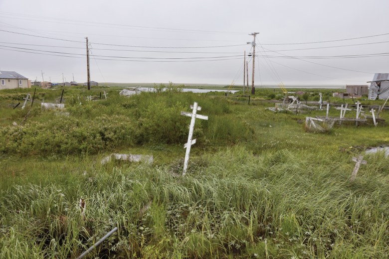 The cemetery in Akiuk is no longer safe to walk in or maintain due to sinkholes and unstable ground. The community now lays its members to rest in a new cemetery in Akula .