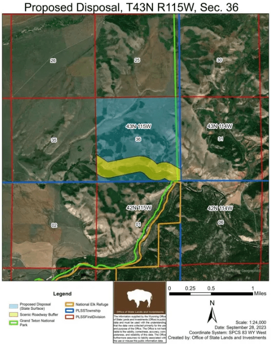 The state of Wyoming’s last remaining Grand Teton National Park inholding, a tract known as the Kelly Parcel, includes a scenic easement (in yellow) prohibiting surface disturbances on the land. Because the National Park Service is statutorily required to provide access, the easement is not seen as a deterrent for developers