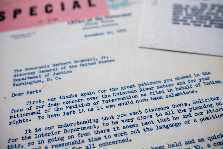 The letter from Gov. Howard Pyle of Arizona to Attorney General Herbert Brownell, Jr. after the U.S. filed an initial petition in Arizona v. California stated that tribal water claims are “prior and superior” to all others on the river. Western governors led by Pyle requested a meeting with the AG immediately, asking him to pull the petition, which he did.