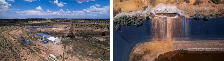 The Arizona 1 mine is one of two idled uranium mines on the north rim of the Grand Canyon. Right, a close up of plastic liner of the tailings pond for the mine.