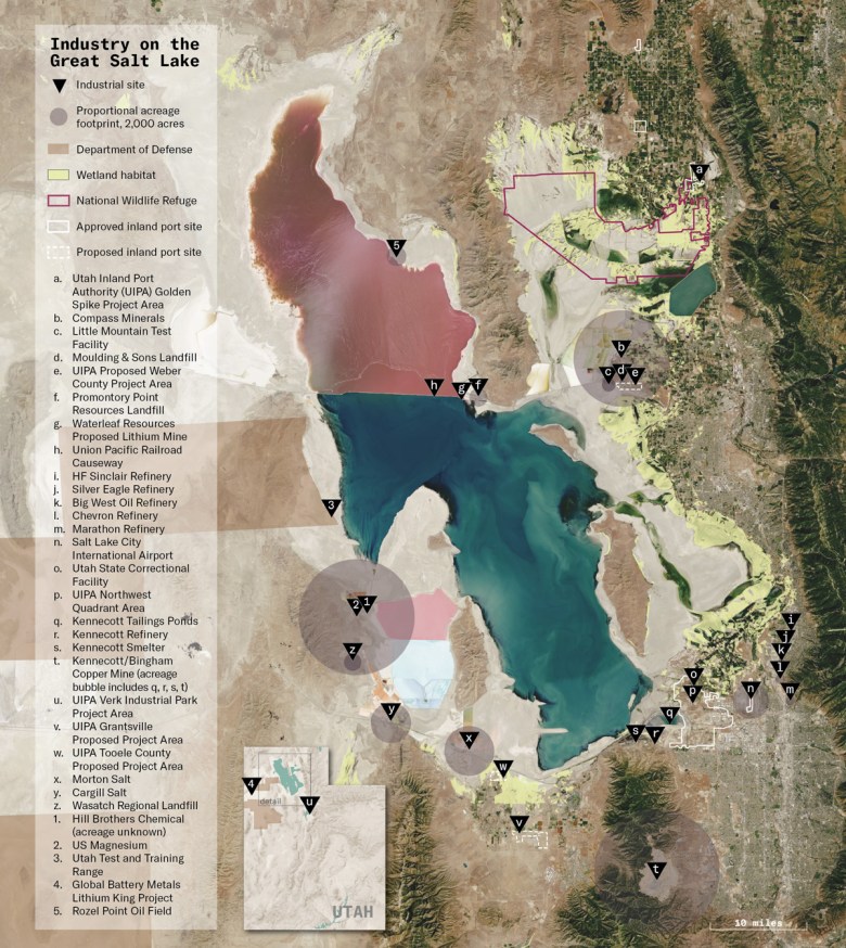 This satellite image of the lake in July 2022 has been digitally altered to reflect the colors of the lake seen from the air by EcoFlight.