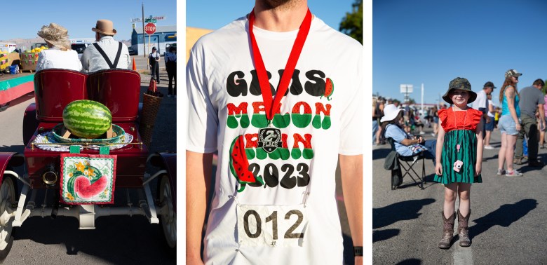 Floats and vehicles line up before the Melon Days parade (left). Matt Williams’ shirt and medal from the Melon Run early Saturday morning (middle). Savannah Luft, age 7, at the parade in a melon dress (right).