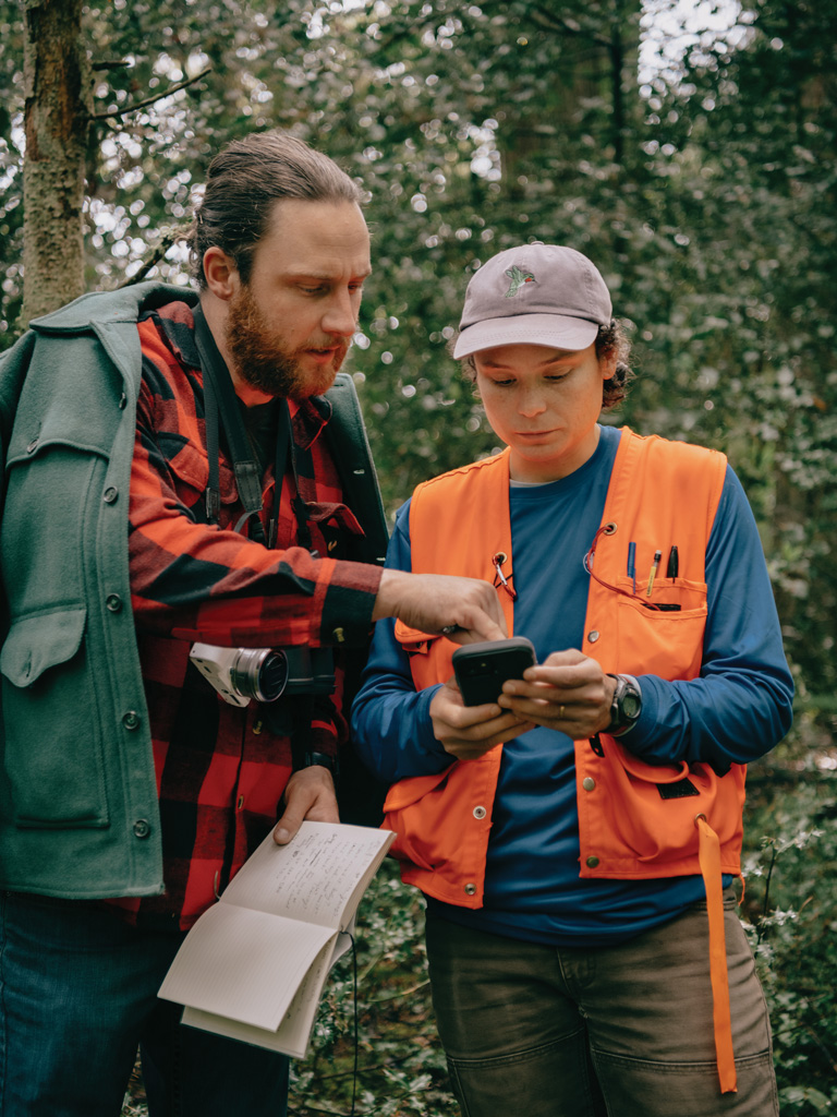 Elliott Church and Zoe Loutos compare notes while visiting a holly-infested forest at the Lake Youngs Reservoir.