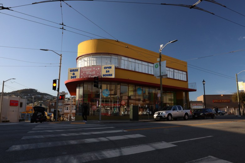 Clean Wash Center and sideshow remnants at golden hour, Excelsior, March 26, 2020.