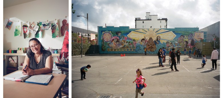 Tina Alejo, teacher, Bessie Carmichael FEC Elementary School, SOMA, 2019 (left) - Janet Delaney/High Country News. After-school hours at Bessie Carmichael FEC Middle School Campus, SOMA, spring 2017 (right). 