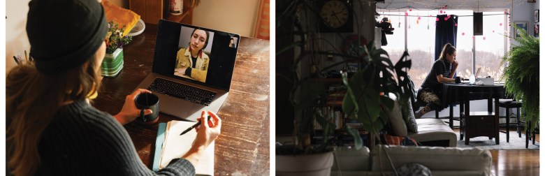 Miller and Chase-Hodgdon meet via FaceTime to discuss new developments and strategize around future goals for the Smokehouse Collective (left). The pair, who met in college in 2016 while organizing for Standing Rock, have been on parallel paths working for Indigenous sovereignty and food security in a variety of roles since then.  Chase-Hodgdon meets with Indigenous partners on Zoom to discuss strategies for culturally relevant fish distribution (right). Chase-Hodgdon and Miller have chosen to work with funders and partners that are “actively dismantling the systems that are taking away our vitality,” Chase-Hodgdon said. Such strategic partnerships help achieve the collective’s goal of transitioning away from extractive industry in favor of nurturing traditional practices of exchange and mutual aid. 