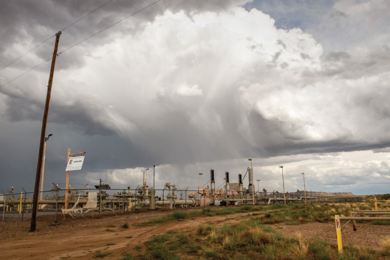 Fracked oil is pumped to the Huerfano Station, just north of Huerfano Mountain in northern New Mexico. These lands are home to Navajo, Pueblo, Jicarilla Apache and other Indigenous peoples.