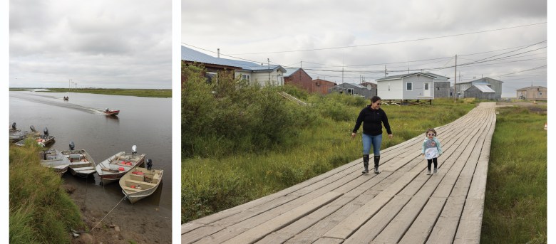 Boats travel from Akiuk to Akula on the Johnson River (left). Jaylene Nicholas and her niece, Maeva Kassel, walk along the boardwalk in Akula. Because Akula was built on higher and drier land than Akiuk, it’s a safer place to live. A recent engineering report commissioned by the Kasigluk Traditional Council found that there are at least seven structures immediately threatened by erosion in Akiuk — and none are in immediate danger in Akula (right).