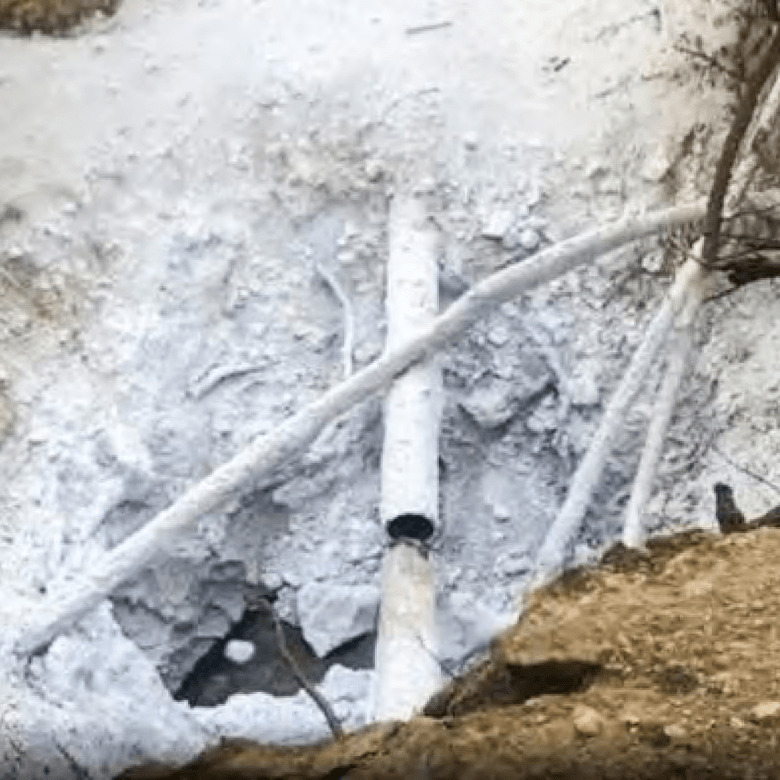 A close-up view of the ruptured carbon dioxide pipeline near Satartia, Mississipi, in 2020. The rupture and resulting release of carbon dioxide resulted in 49 hospitalizations. 